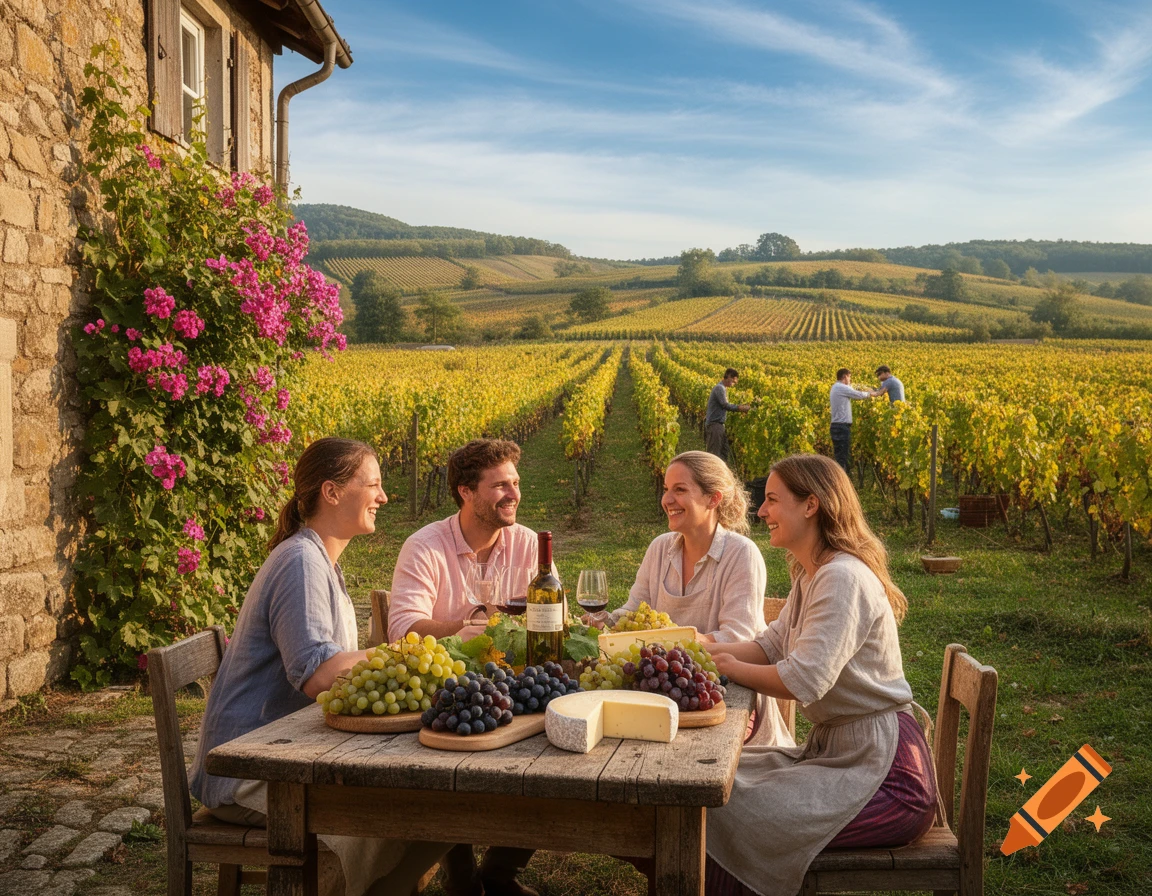 Four friends enjoy wine, cheese, and grapes at a wooden table overlooking a sunny vineyard, with workers in the distance. The scene is set in front of a stone building with pink flowers.