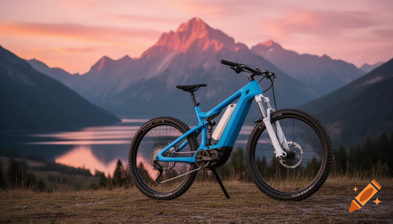 A blue and white e-mountain bike is parked on a grassy hill overlooking a lake and mountains bathed in a sunset glow. Photorealistic.