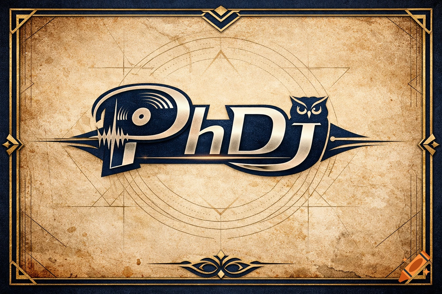 Art deco logo featuring the text "PhDJ" in gold and blue with a vinyl record and an owl, on a vintage parchment background.
