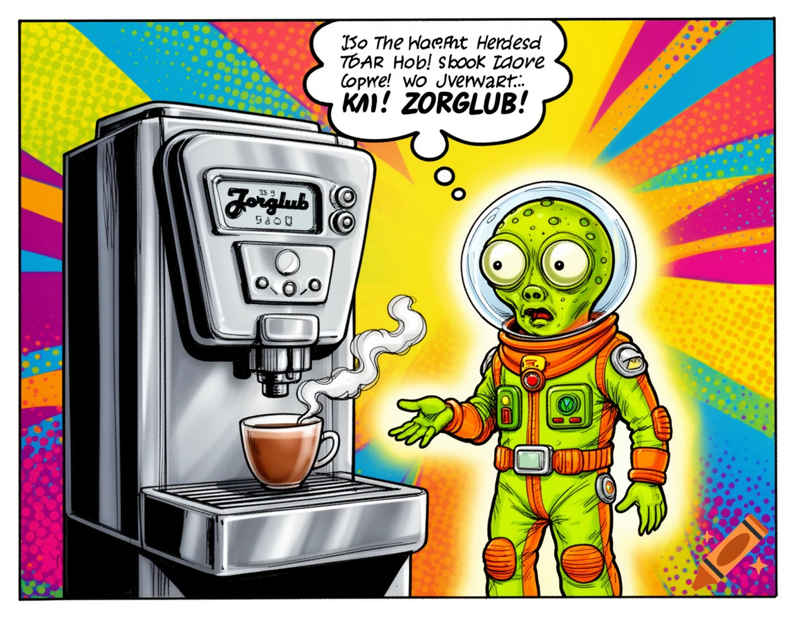 A cartoon comic shows a confused green alien in a spacesuit standing next to an automatic coffee machine, which is pouring a cup of coffee. The alien has a speech bubble with garbled text ending in 'ZORGRLUB!'. The machine also says 'Zorglub'.