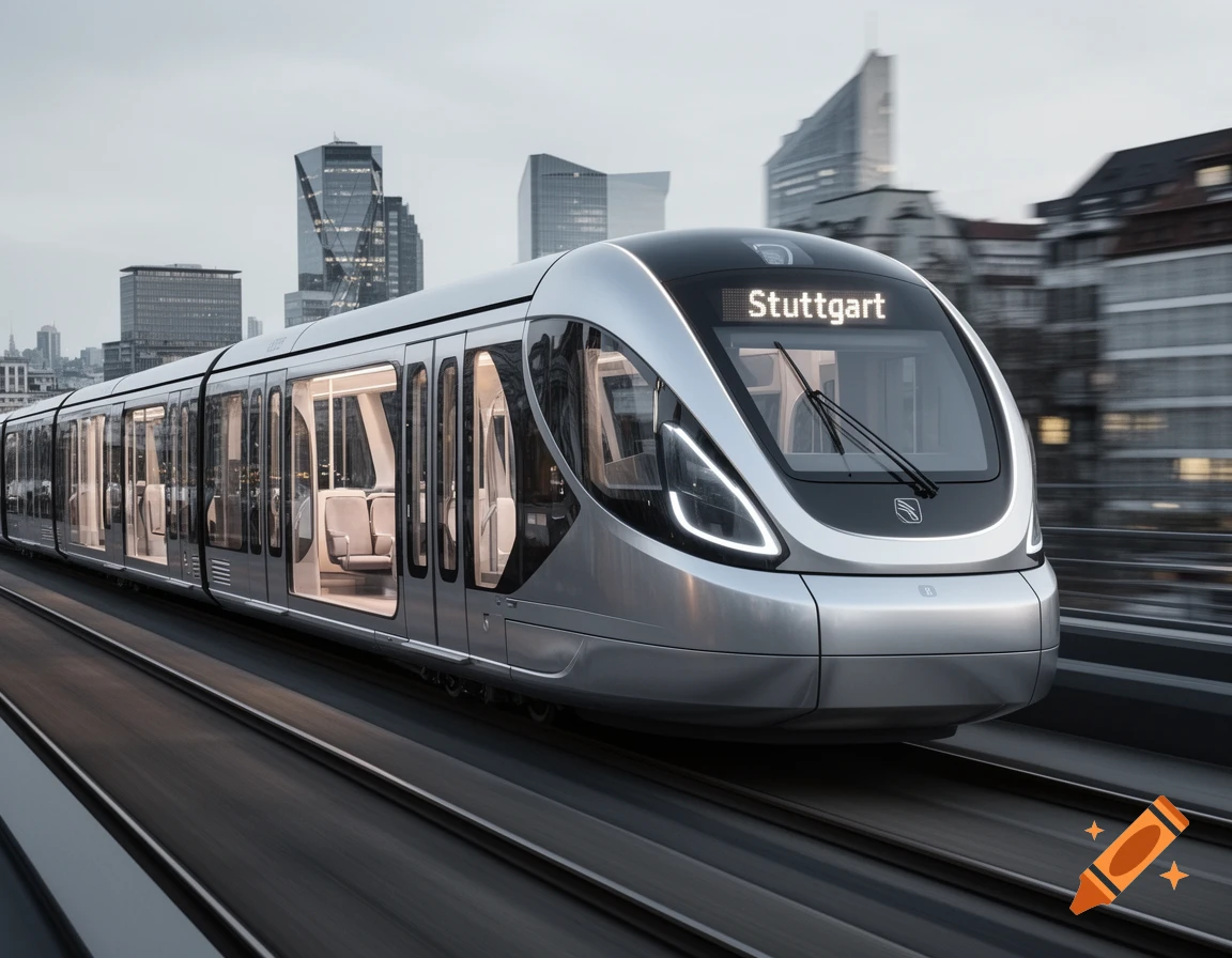 A modern silver train with 'Stuttgart' displayed on its front moves rapidly on tracks through a city with contemporary buildings.