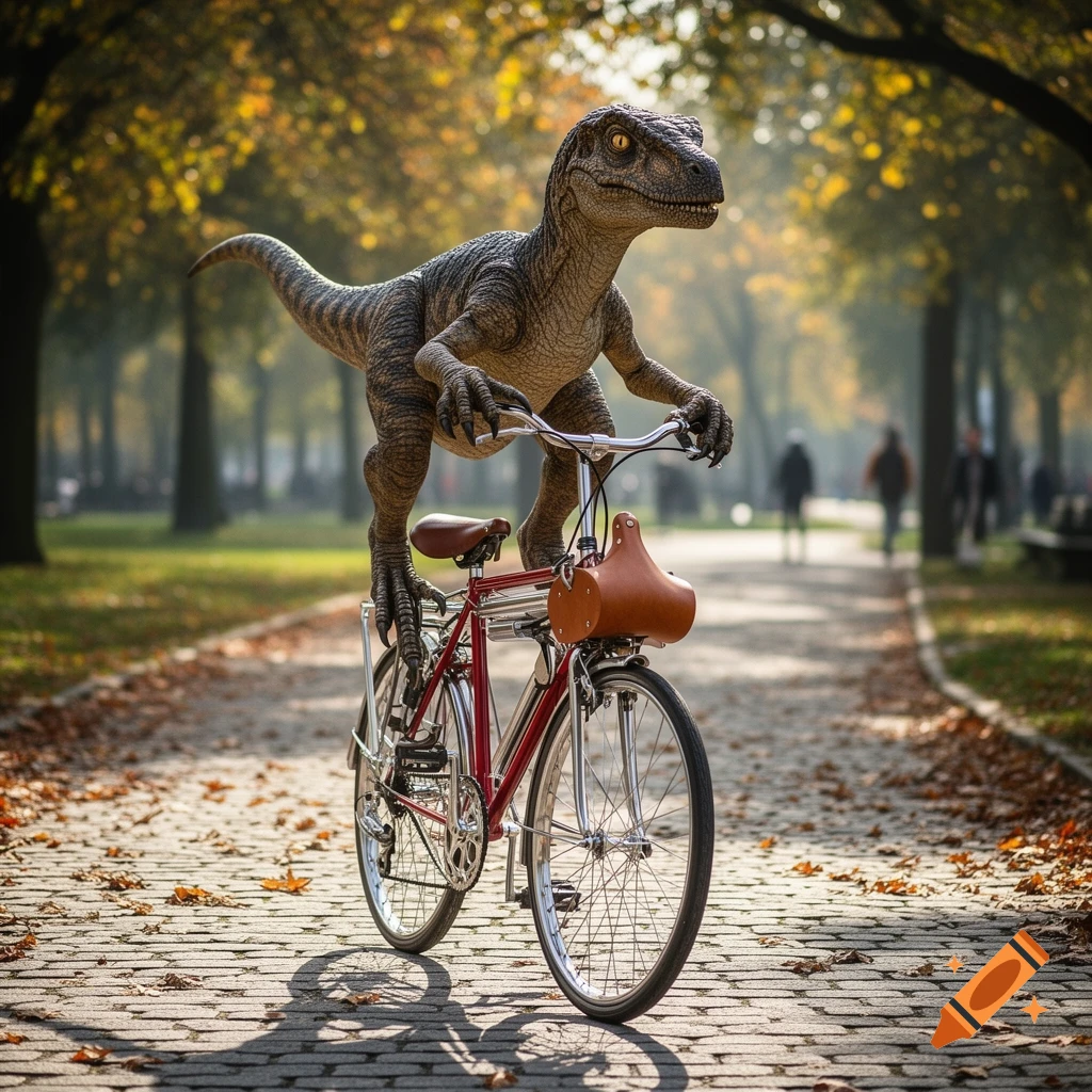 A photorealistic dinosaur, resembling a velociraptor, rides a red bicycle down a cobblestone path in an autumn park.