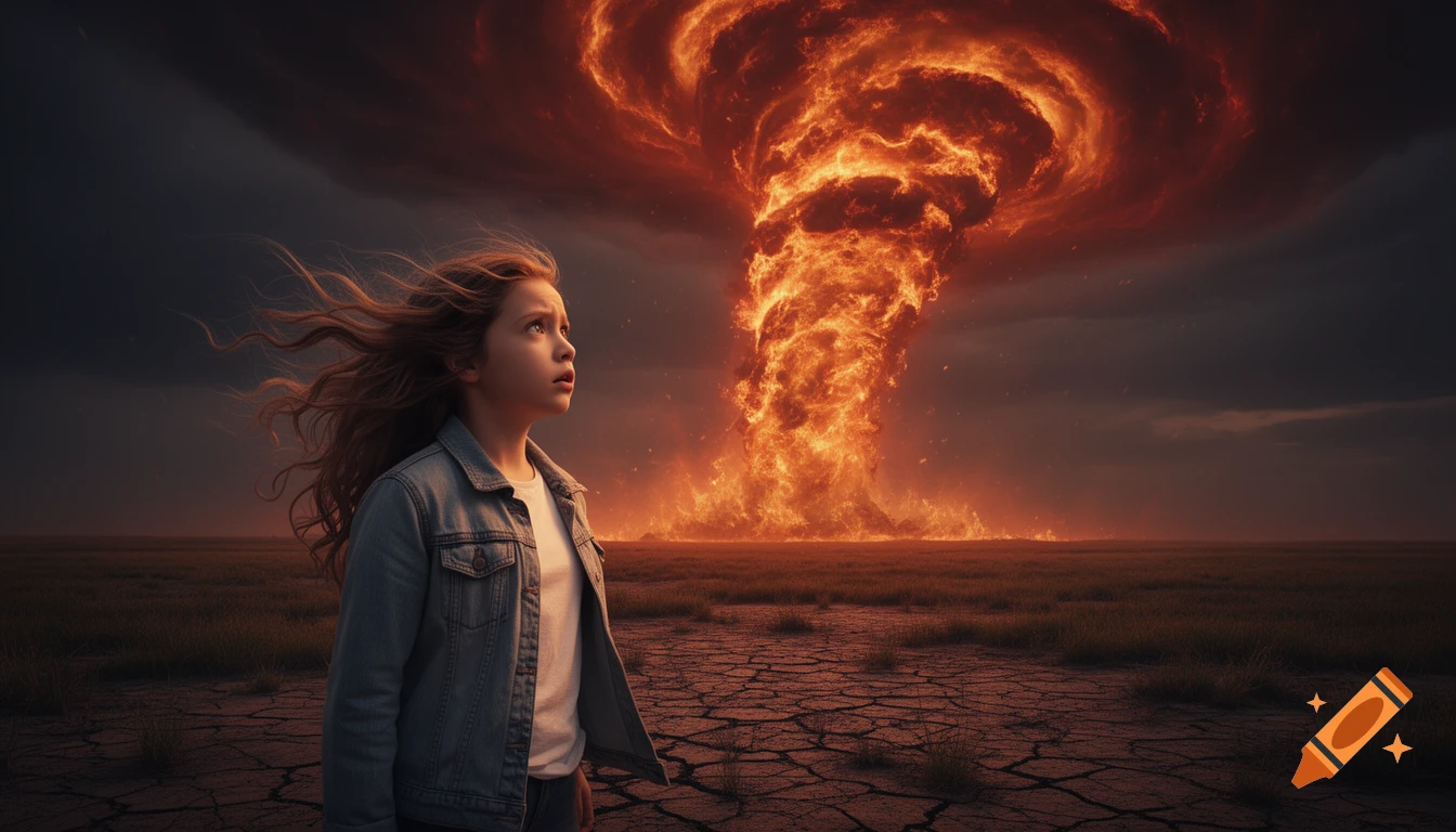 A girl with flowing hair looks up at a massive fiery tornado over a cracked, dry field under a dark, stormy sky. Photorealistic style.