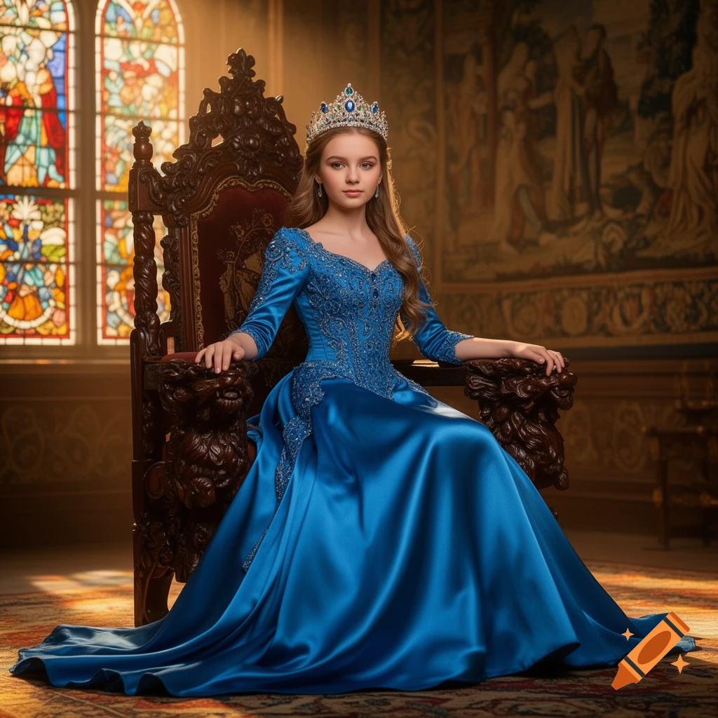 A young princess in a blue gown and crown sits on an ornate throne in a grand hall with stained glass and a tapestry.