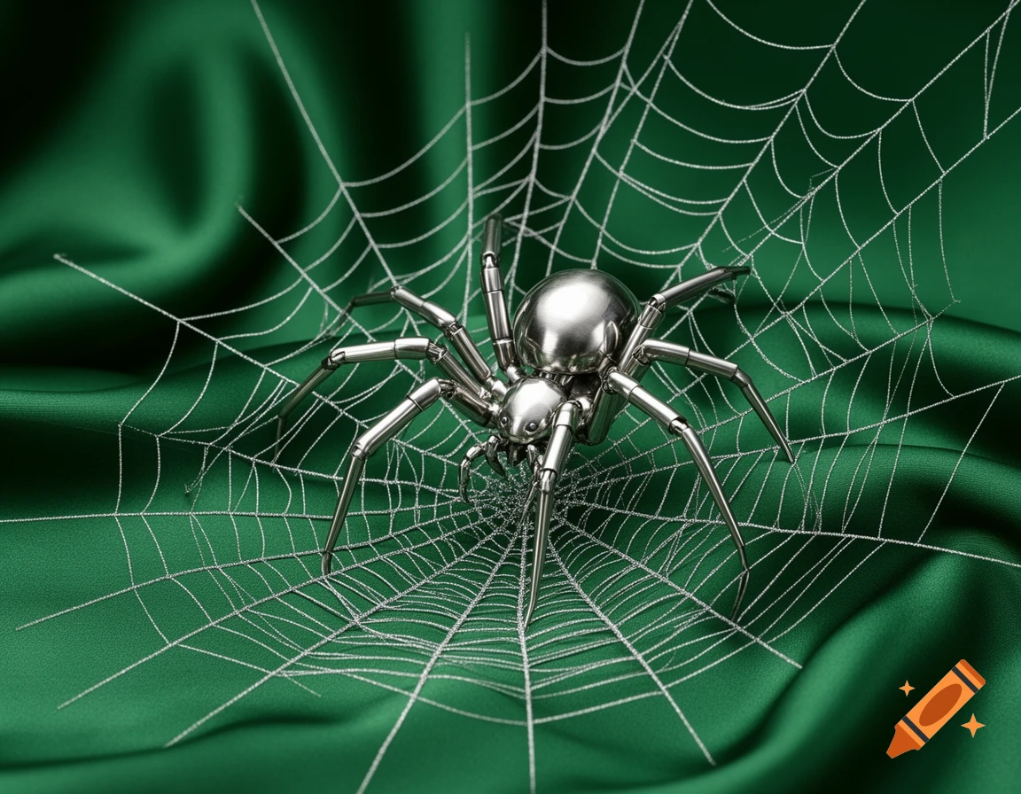 A photorealistic metallic spider on a white spiderweb against a draped green silk background.
