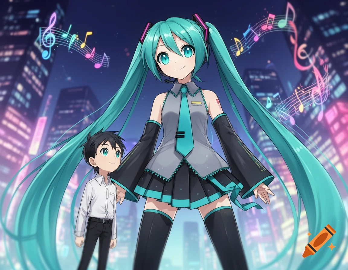Anime Hatsune Miku and a small man stand in a city at night with floating musical notes.