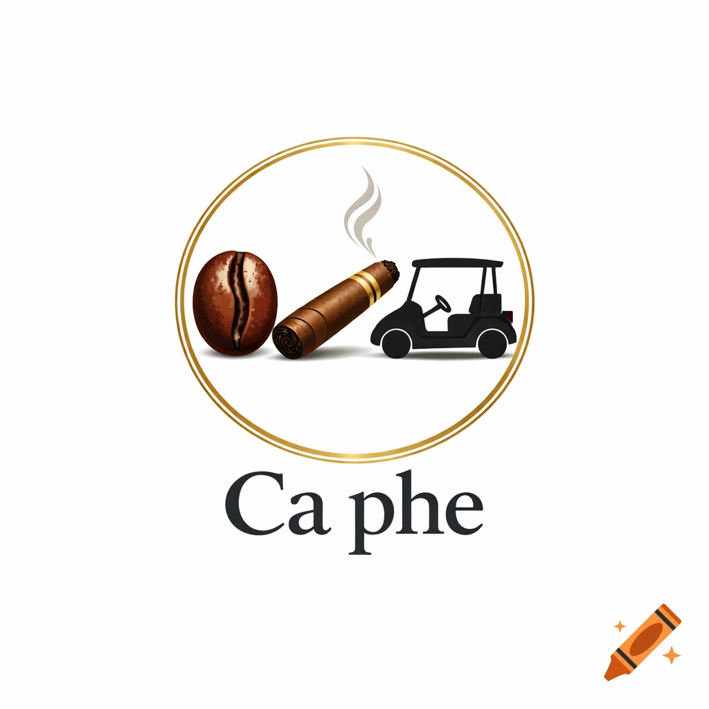 Logo with a coffee bean, smoking cigar, and golf cart inside a gold circle with 'Ca phe' text.