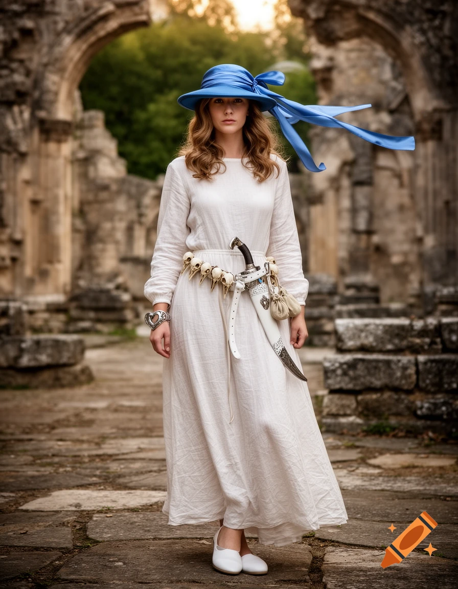 A woman dressed as a medieval sorceress in a white linen dress, blue hat, and a belt with bird skulls and a dagger, stands in ancient ruins.