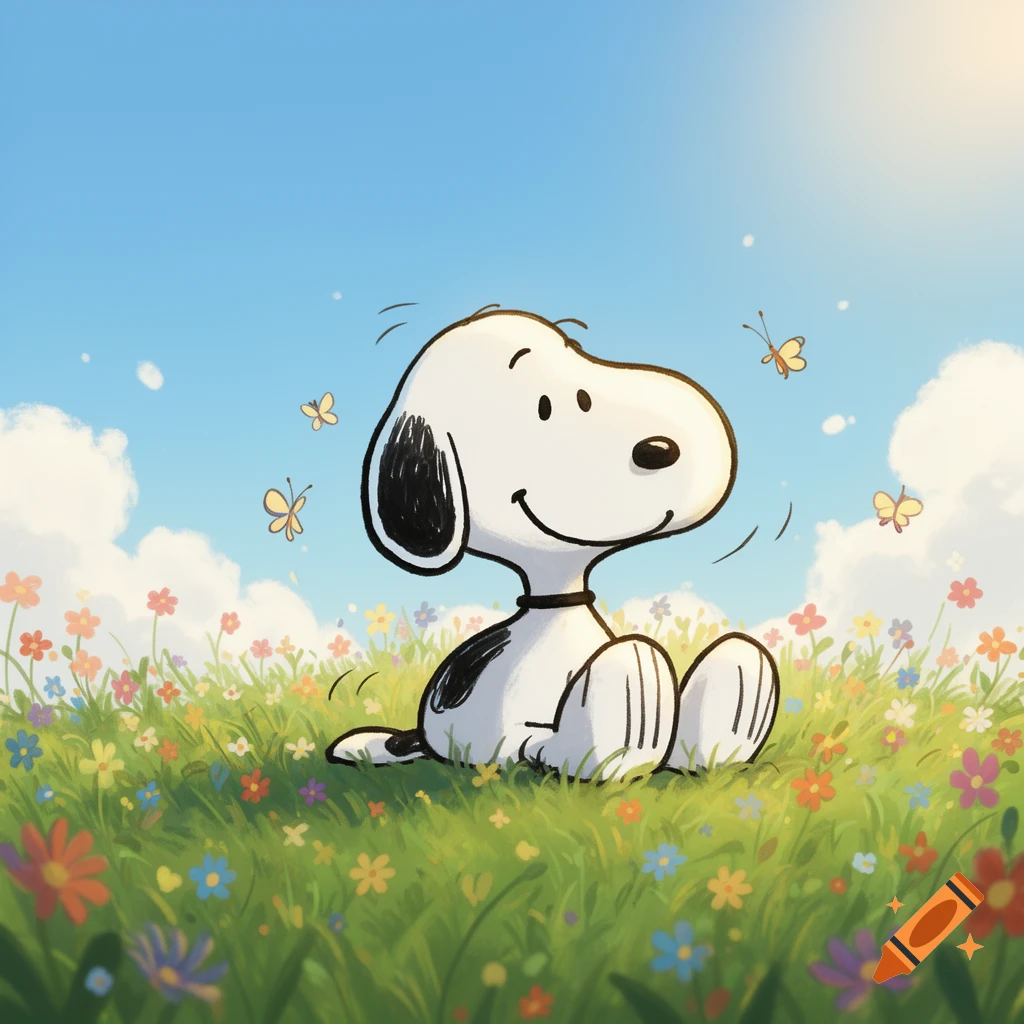 Snoopy cartoon dog sitting in a vibrant field of colorful flowers under a blue sky with butterflies.