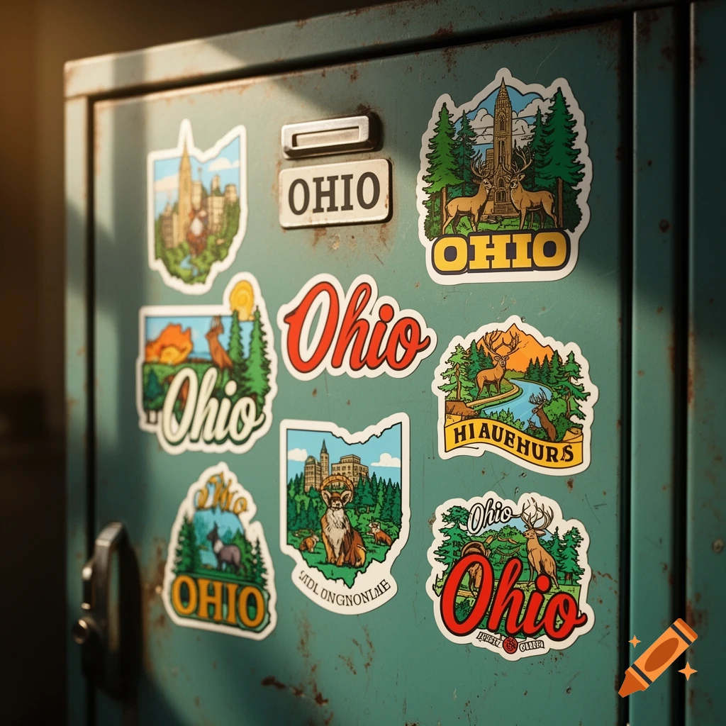 A collection of colorful Ohio-themed stickers featuring landscapes, deer, and buildings, affixed to a rusty green metal locker.