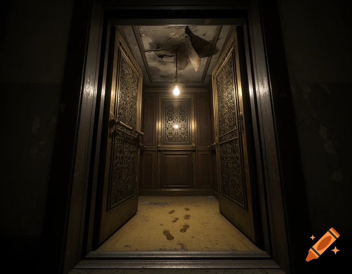 A dark, eerie elevator with ornate gold doors, an exposed light bulb, a cracked ceiling, and dirty footprints on the floor.