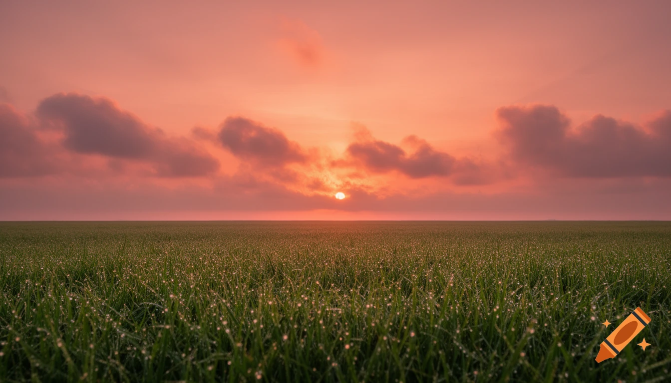 A vibrant sunrise paints the sky red and orange above a dew-kissed green grassy field with clouds obscuring the sun.