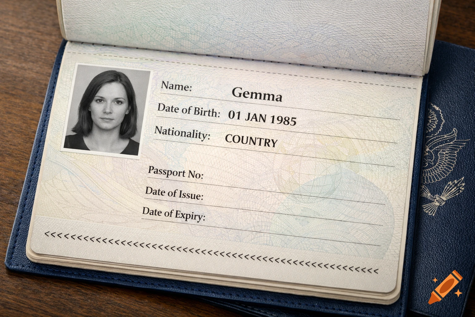 An open blue passport showing a black and white photo of a woman, with 'Gemma' as the name and '01 JAN 1985' as the date of birth.