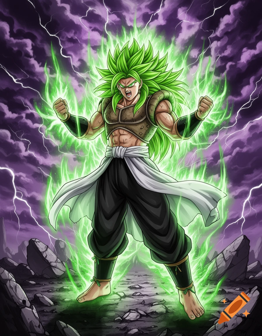 An anime character with spiky green hair and a battle-worn vest, surrounded by green energy and purple lightning, stands on cracked ground.