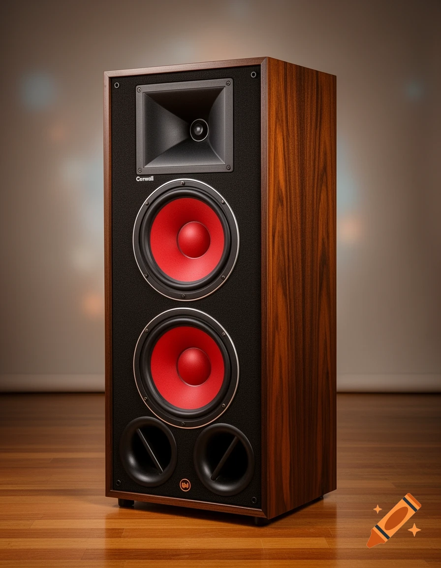 A photorealistic close-up of a vintage-style speaker with a wooden cabinet and red speaker cones on a wooden floor.