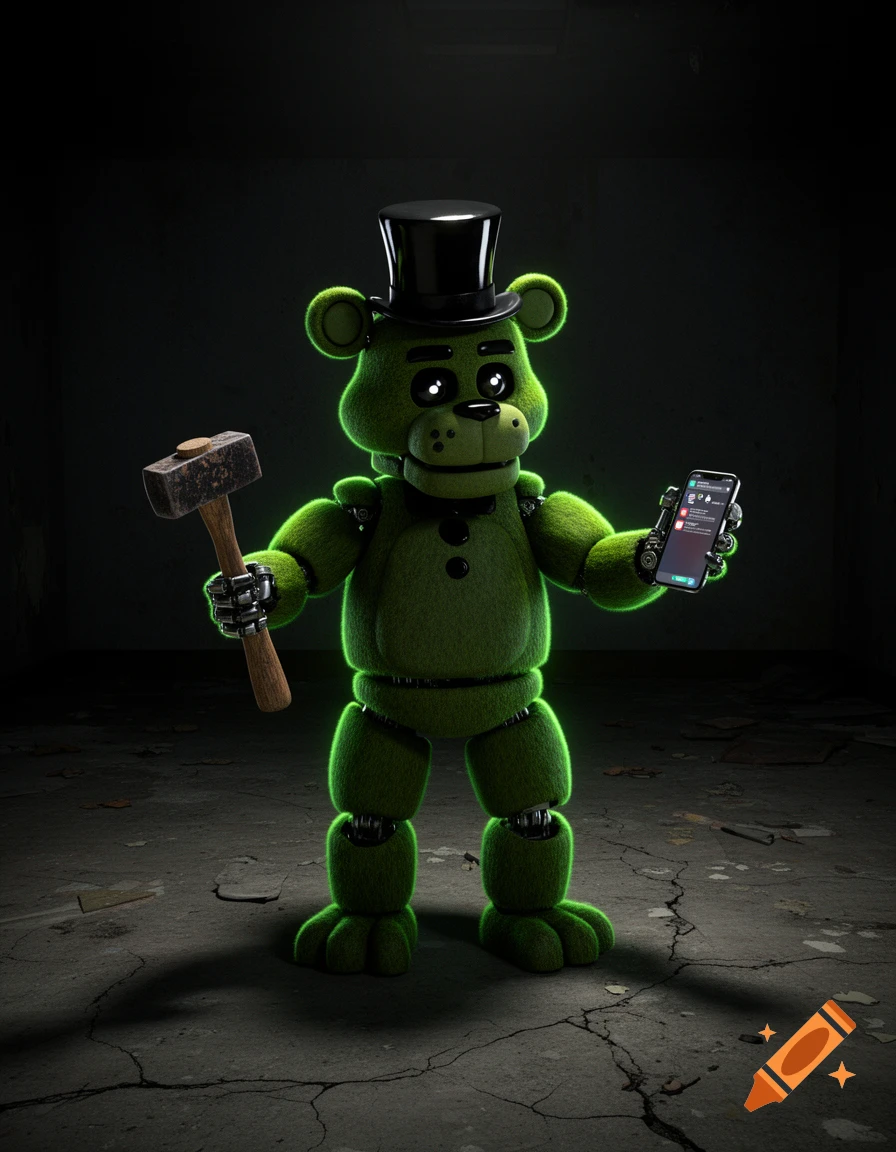 A green animatronic bear with a top hat holds a hammer in one hand and a phone displaying notifications in the other, standing in a dark, cracked room.