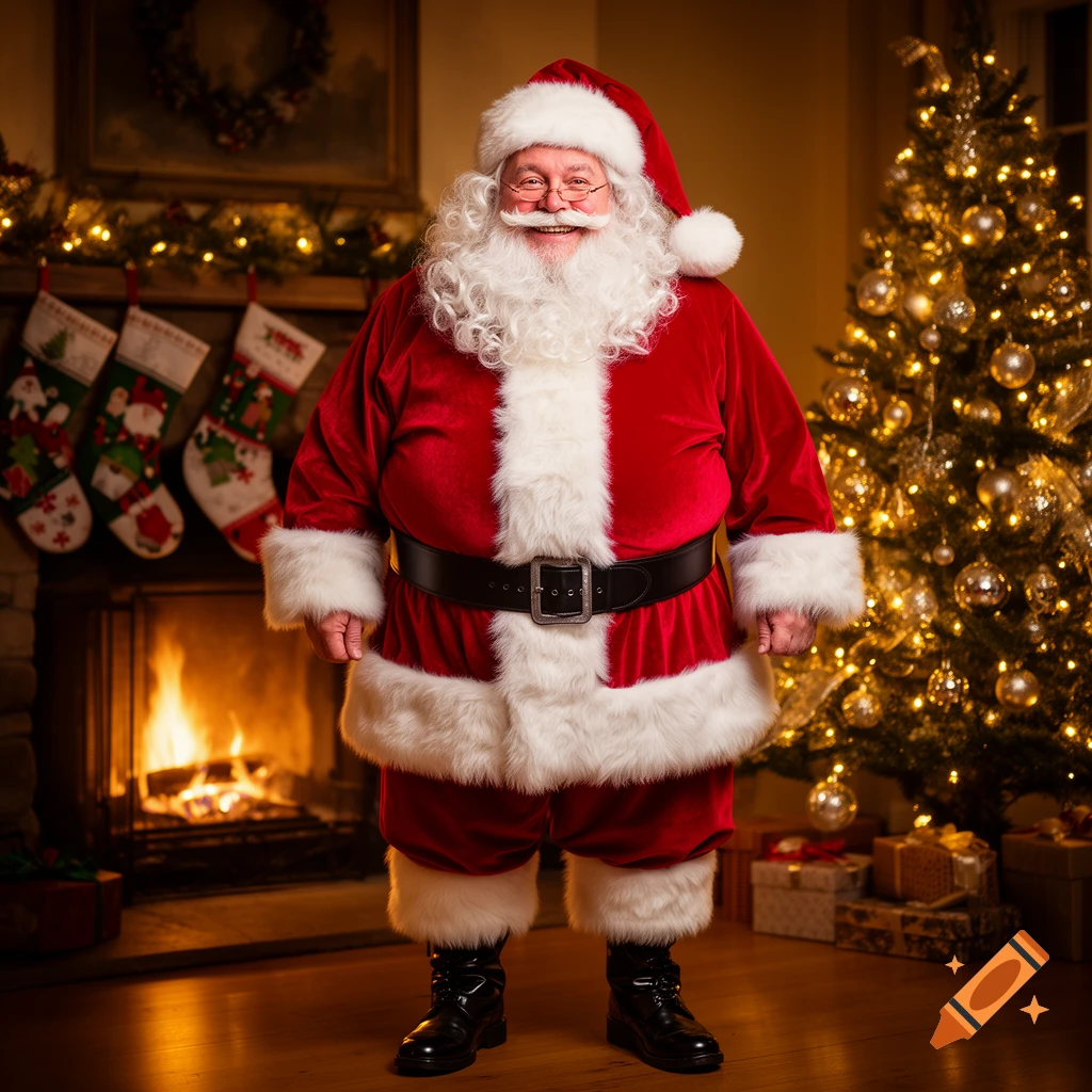 A smiling Santa Claus stands in a cozy, decorated living room with a fireplace and a lit Christmas tree.