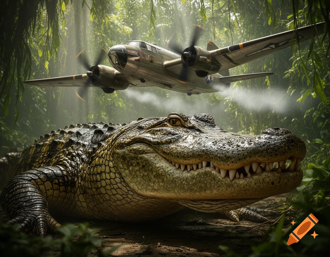 A photorealistic image of a large alligator on the ground in a dense jungle, with a bomber plane flying overhead.