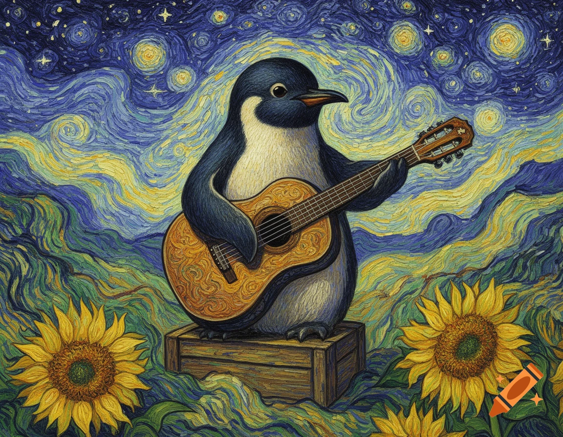 A penguin playing an acoustic guitar, rendered in the swirling, starry night style of Van Gogh, surrounded by sunflowers.