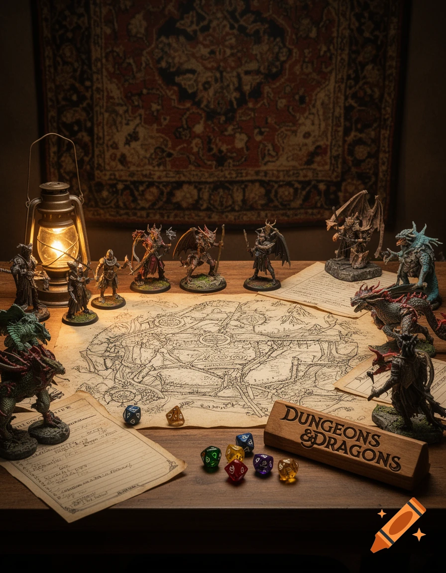 A photorealistic Dungeons & Dragons tabletop game setup with miniatures, a map, dice, and a glowing lantern.
