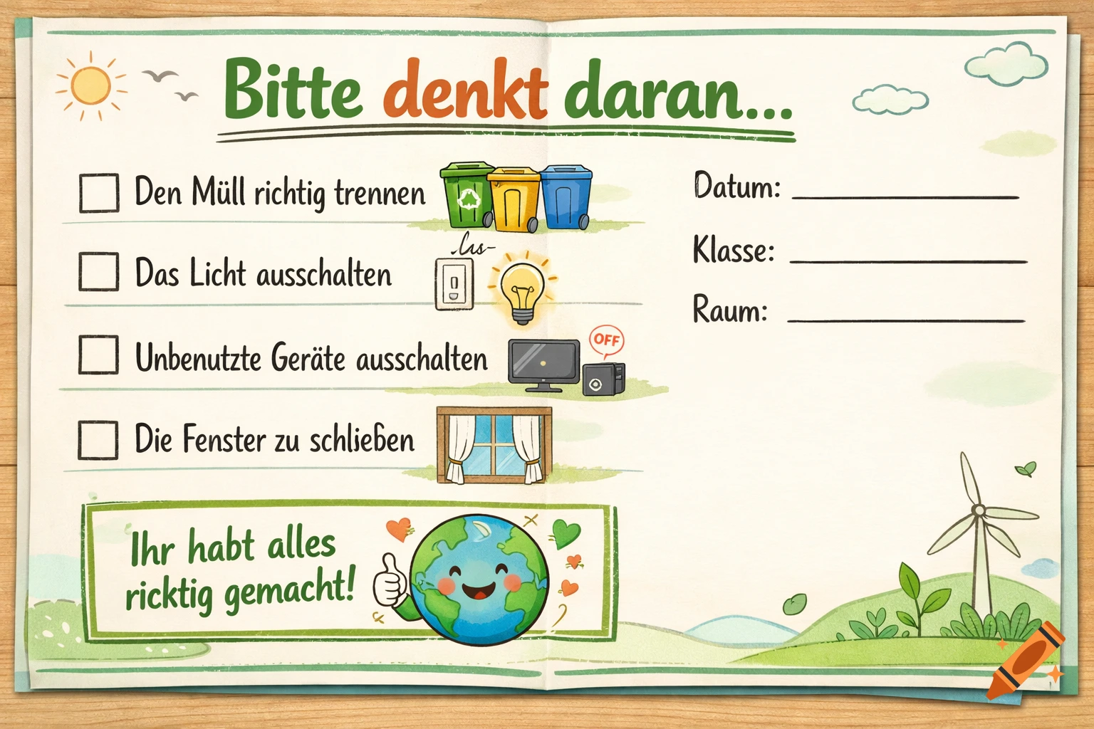 Cartoon German worksheet about saving energy, showing a checklist with illustrations of recycling bins, a light bulb, computer, window, and a smiling Earth giving a thumbs up. A windmill is in the background.