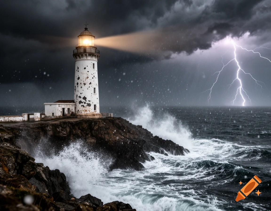White lighthouse on a rocky coast under a dark, stormy sky with lightning and crashing waves.