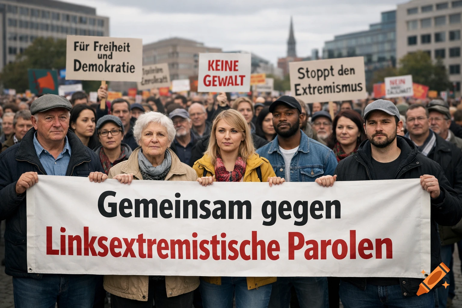 Diverse group of people at a protest, holding a large banner against left-extremist slogans and signs promoting freedom and democracy.