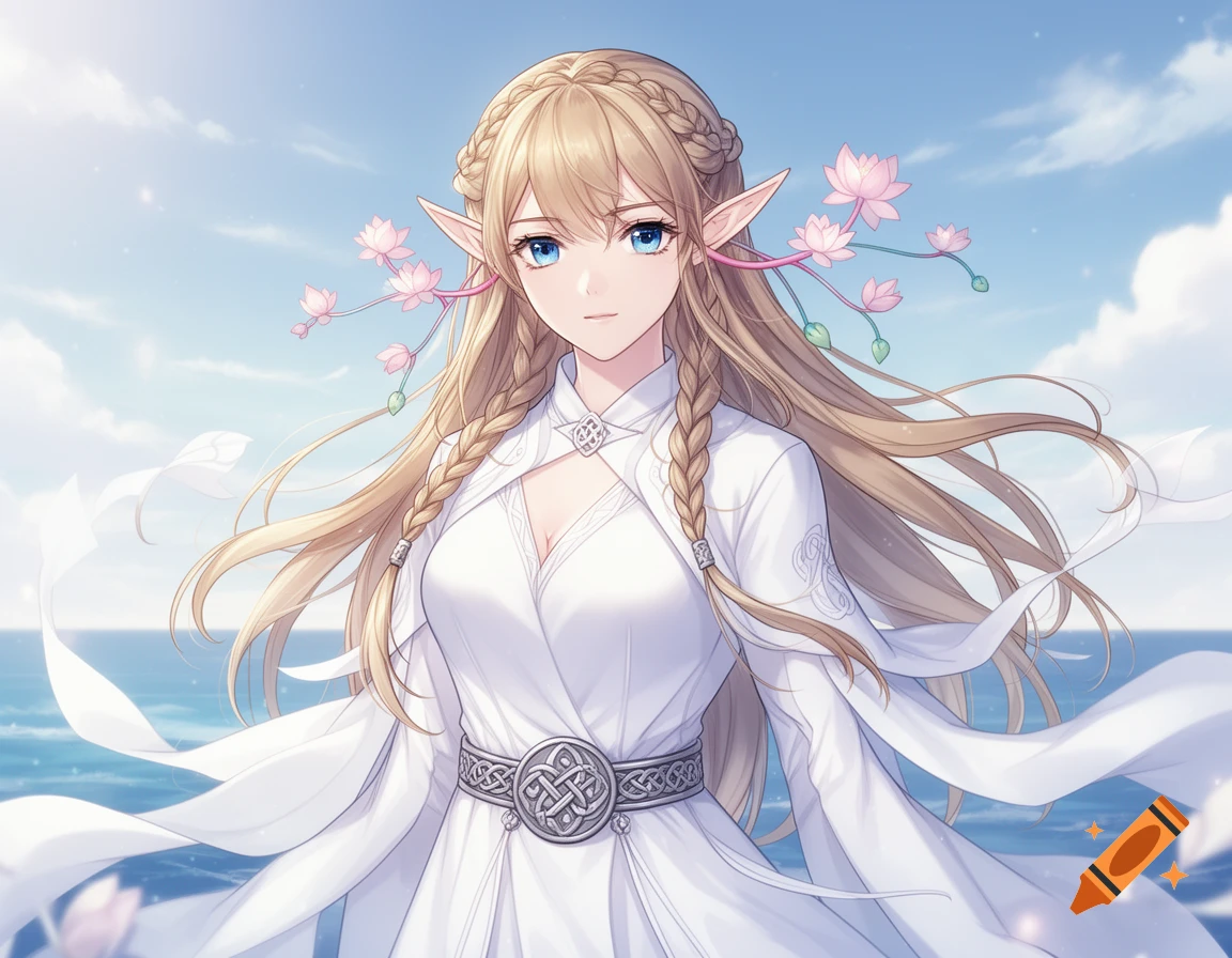 An anime elf woman with blonde braided hair, blue eyes, and pointed ears, in a flowing white dress with a Celtic knot belt, against a blue sky and ocean.
