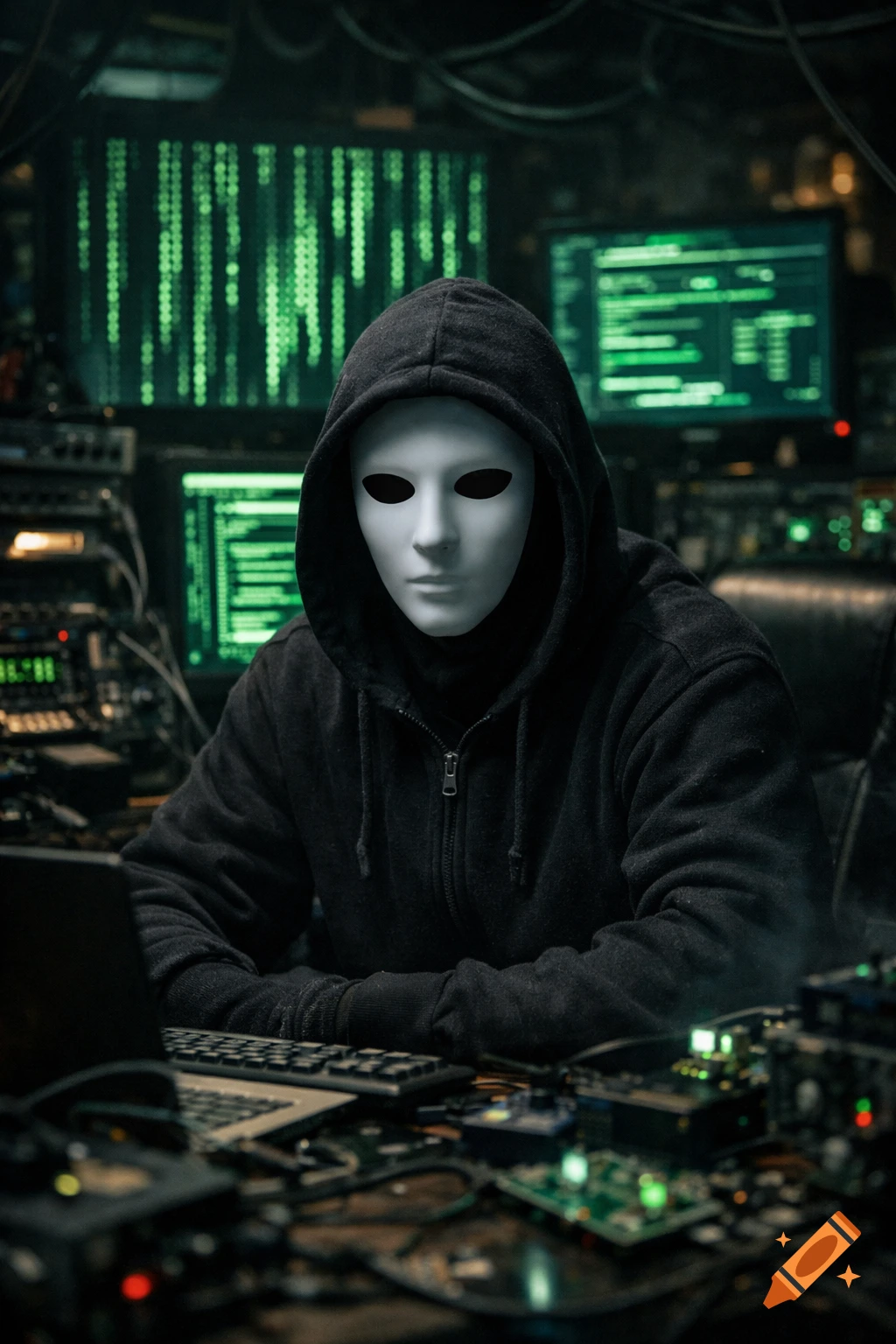 Person in a black hoodie and white mask at a desk with electronics, typing on a laptop. Green code on screens in a dark, technological room.