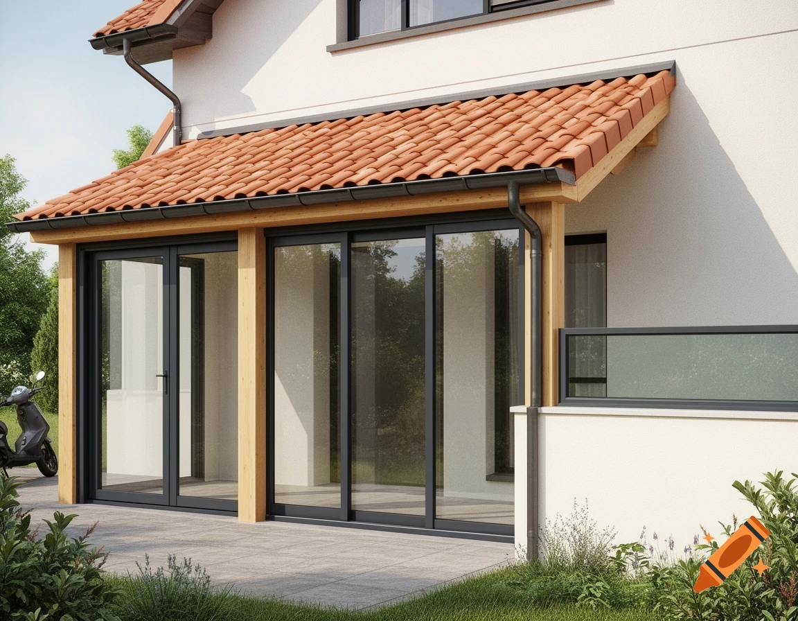 A photorealistic exterior view of a modern house featuring a new enclosed porch with terracotta roof, glass sliding doors, and wooden pillars.