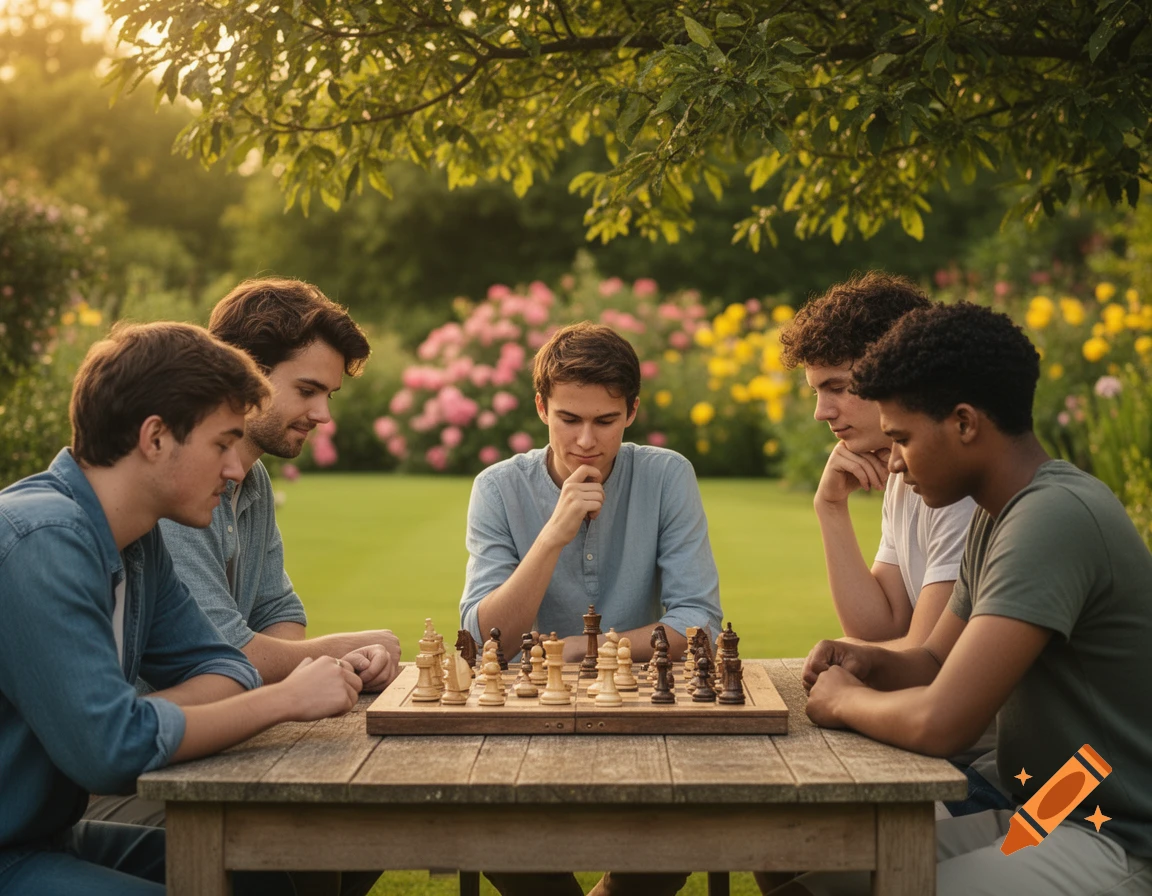Five young men play chess at a wooden table in a sunlit garden, surrounded by trees and flowers.