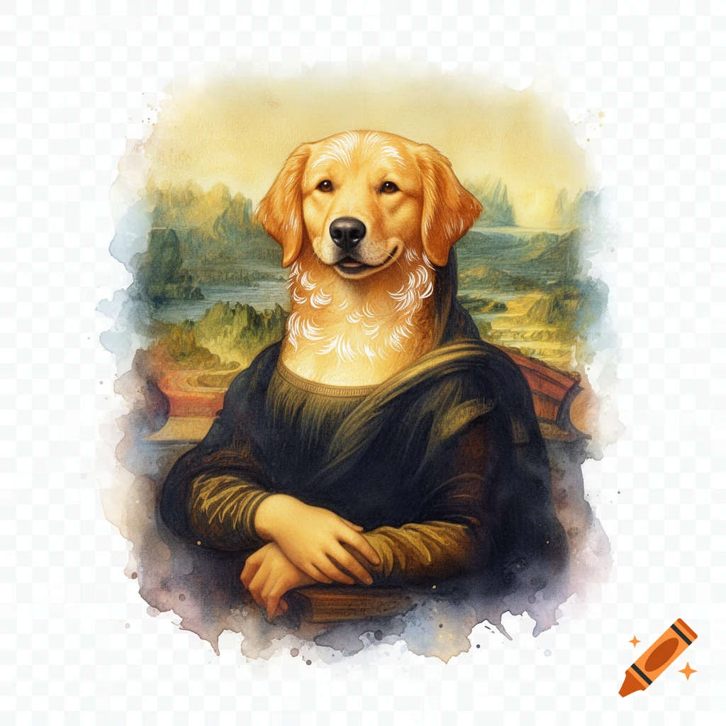 Watercolor illustration of a Golden Retriever with a mysterious smile, posed as the Mona Lisa against a Renaissance landscape.