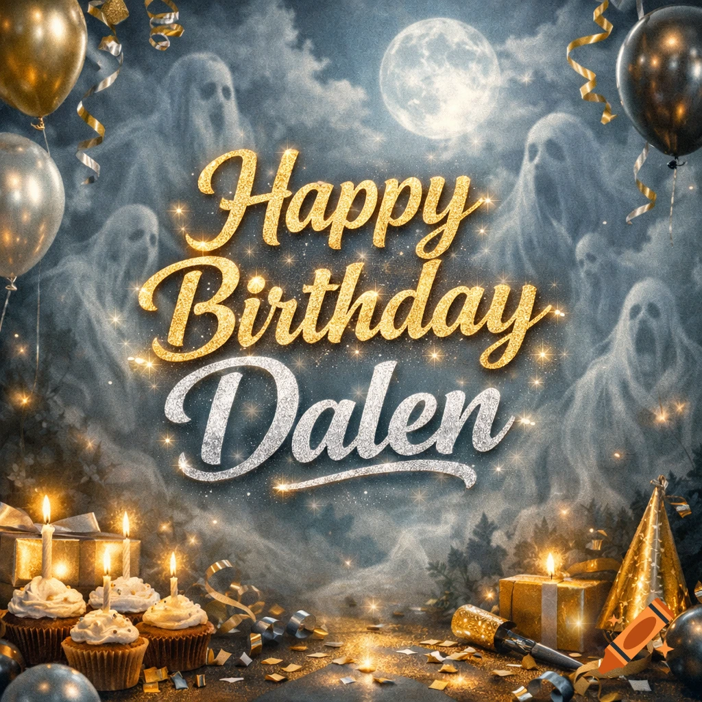 Glittery 'Happy Birthday Dalen' text against a ghostly sky with a full moon, balloons, cupcakes, and gifts.