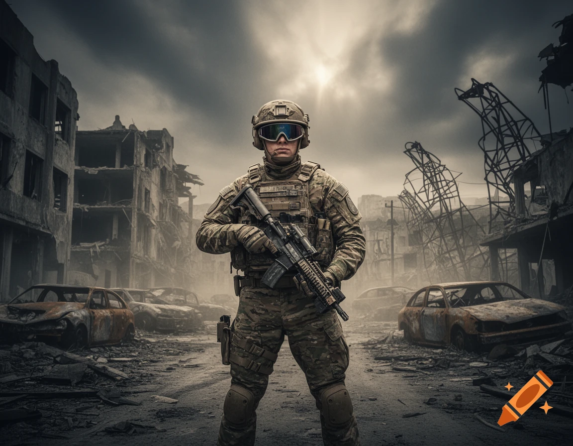 A photorealistic image of a soldier in full tactical gear, holding a rifle, standing amidst the ruins of a destroyed city under a cloudy sky.