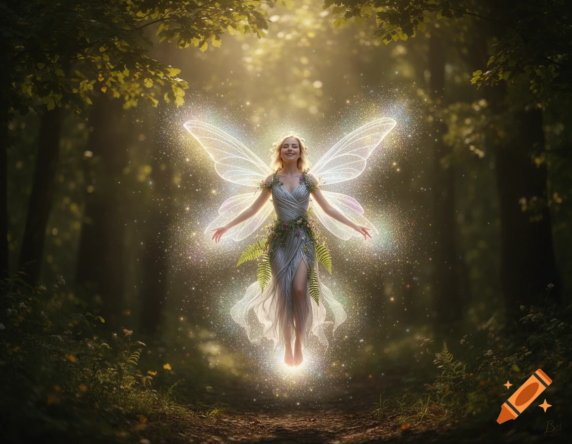 A smiling fairy with glowing, iridescent wings floats in a sunlit forest, surrounded by sparkling particles.
