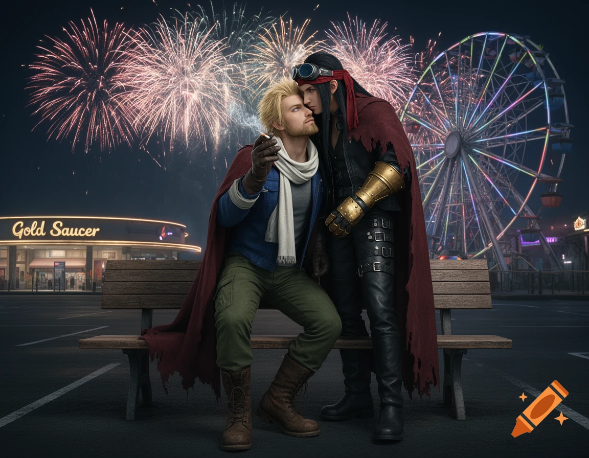 Two men, one blonde and smoking, the other dark-haired, embrace on a bench at night. Fireworks, a Ferris wheel, and a 'Gold Saucer' building are in the background. Unreal Engine style.