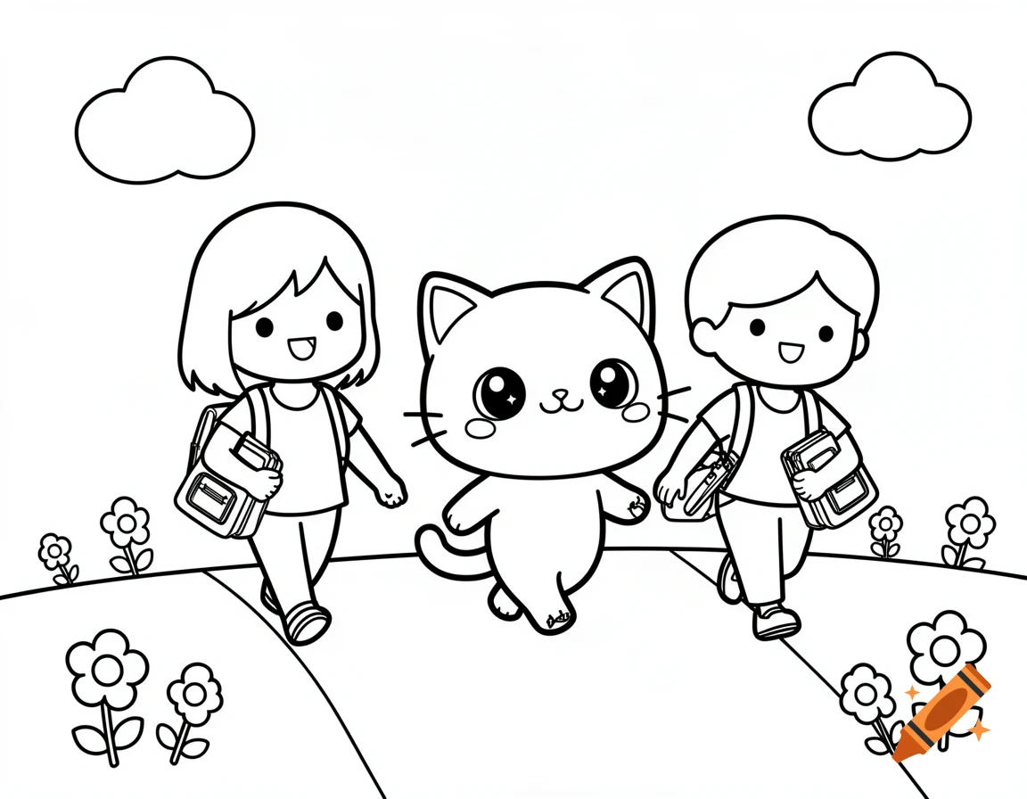 A kawaii style coloring book image of a girl, a cat, and a boy walking outdoors with flowers and clouds.