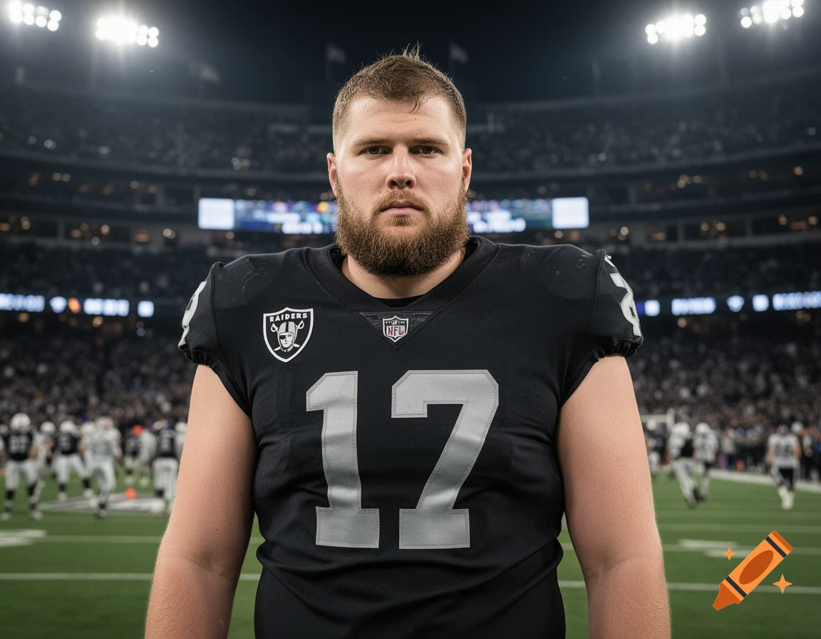 A bearded man in a black Raiders number 17 football jersey stands on a stadium field.