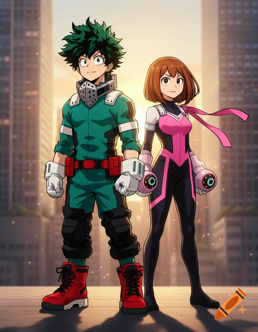 Anime characters Deku and Ochaco in superhero costumes stand against a city skyline at sunset.