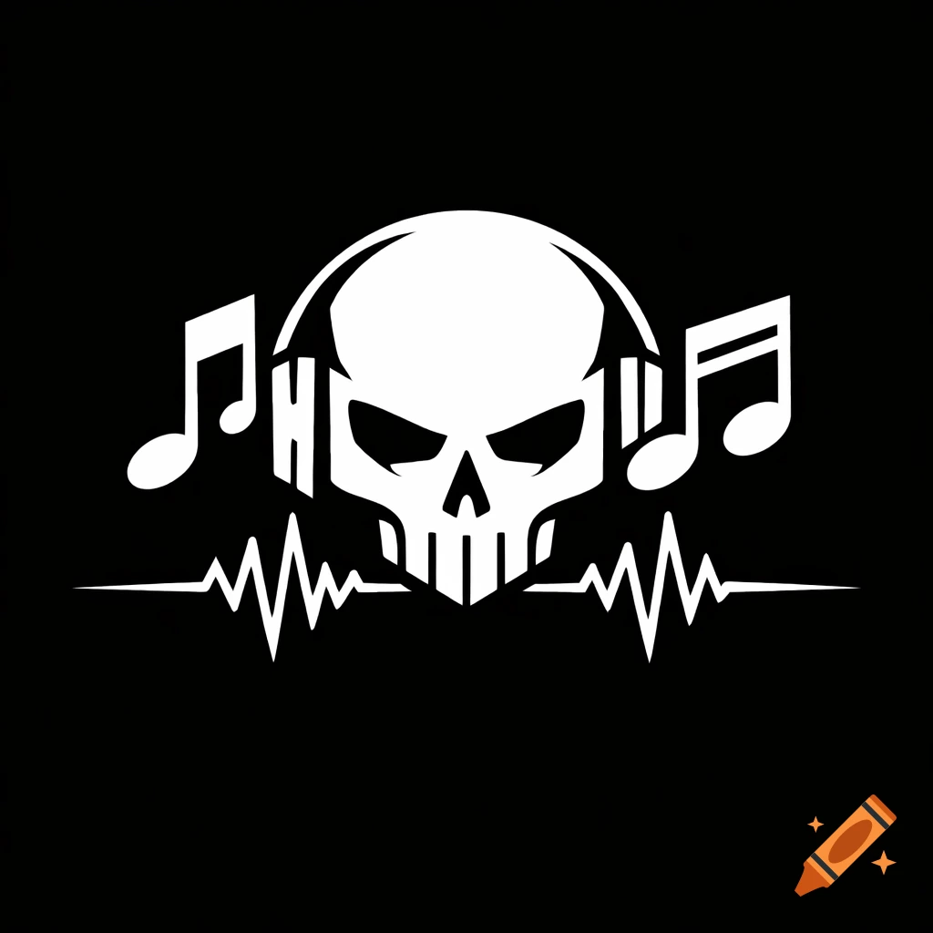 Minimalist black and white logo featuring a skull wearing headphones, flanked by musical notes and a frequency wave.