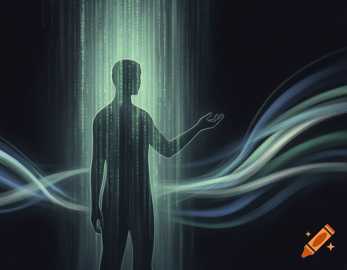 A silhouette of a person made of glowing binary code, with streams of ...