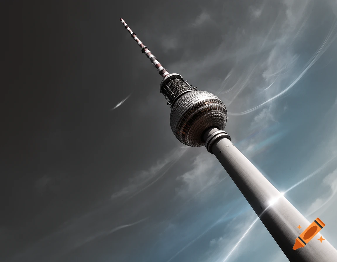 A low-angle, stylized shot of the Berliner Fernsehturm against a dramatic, cloudy sky with light streaks.