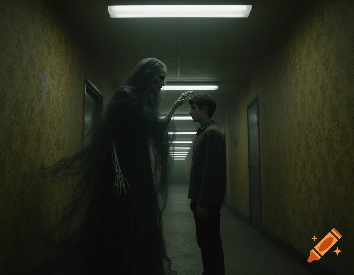 A skeletal, ghostly figure in dark robes touches a young man's head in a dimly lit, eerie hallway.