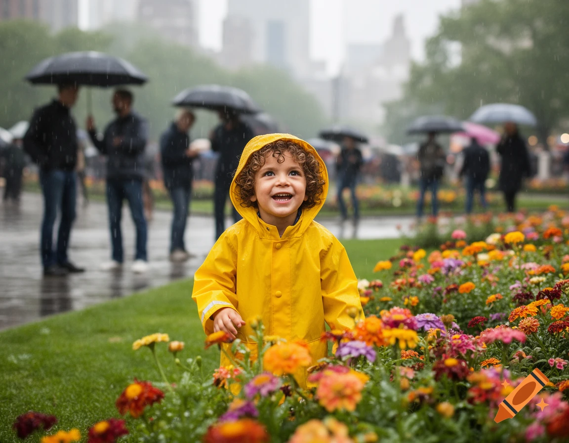 A happy child in a yellow raincoat smiles while standing among colorful flowers in a park on a rainy day, with blurred people holding umbrellas in the background.