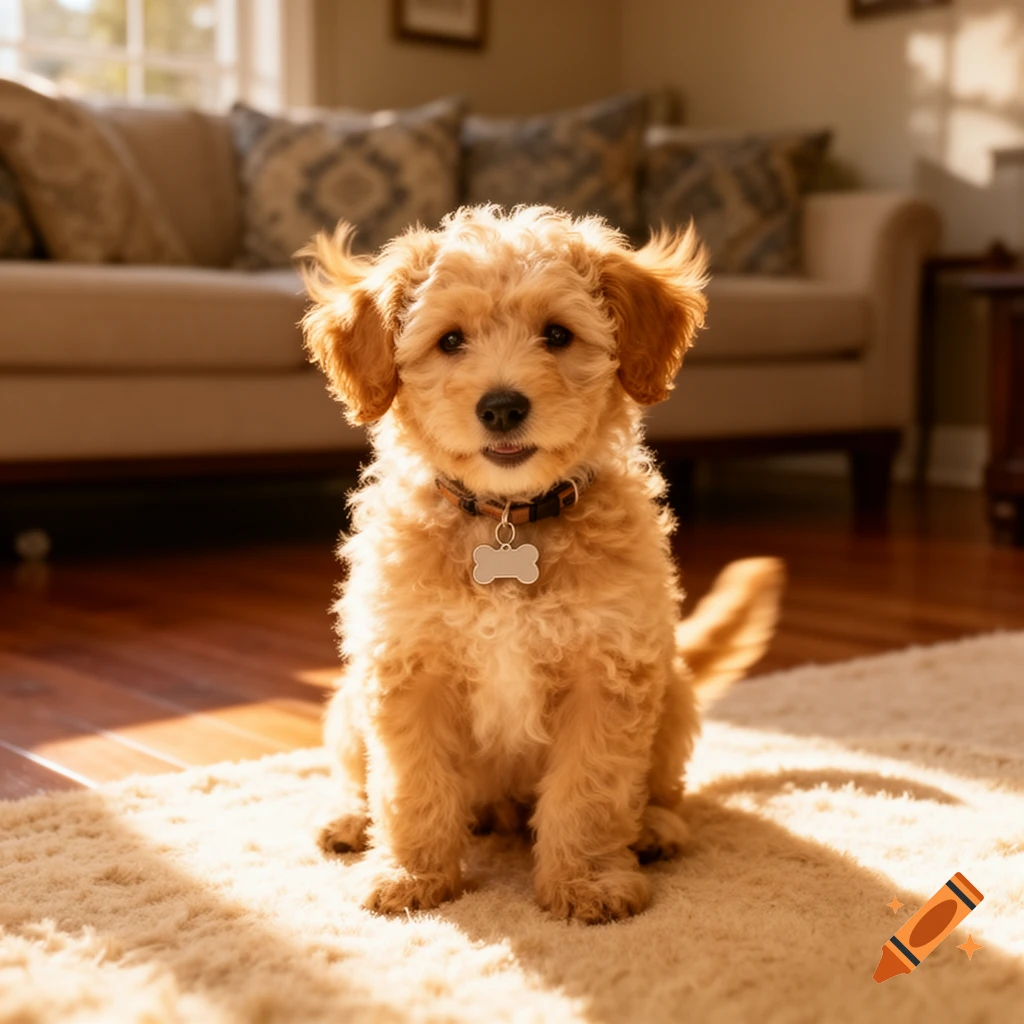 A fluffy light brown puppy with a bone tag sits on a cream rug, bathed in warm sunlight, inside a living room.