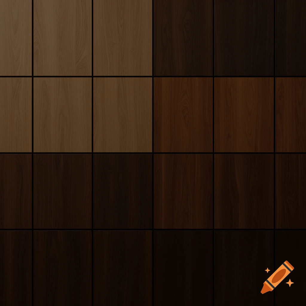 A dark, seamless grid of square panels featuring varying shades of light to dark brown wood grain textures.