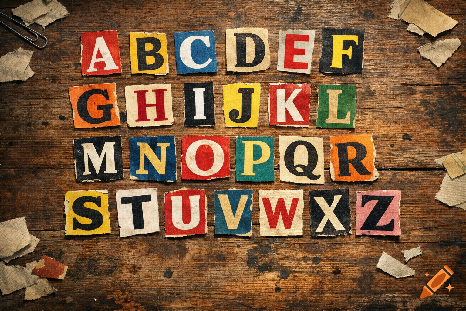 A full ransom note style alphabet from A to Z, made from varied newspaper cutouts, laid out on a rustic wooden table.