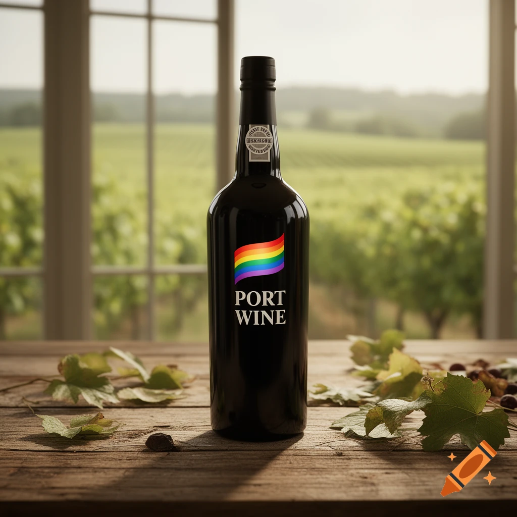 Photorealistic image of a dark port wine bottle with a rainbow flag label and "PORT WINE" text, on a wooden table overlooking a vineyard.
