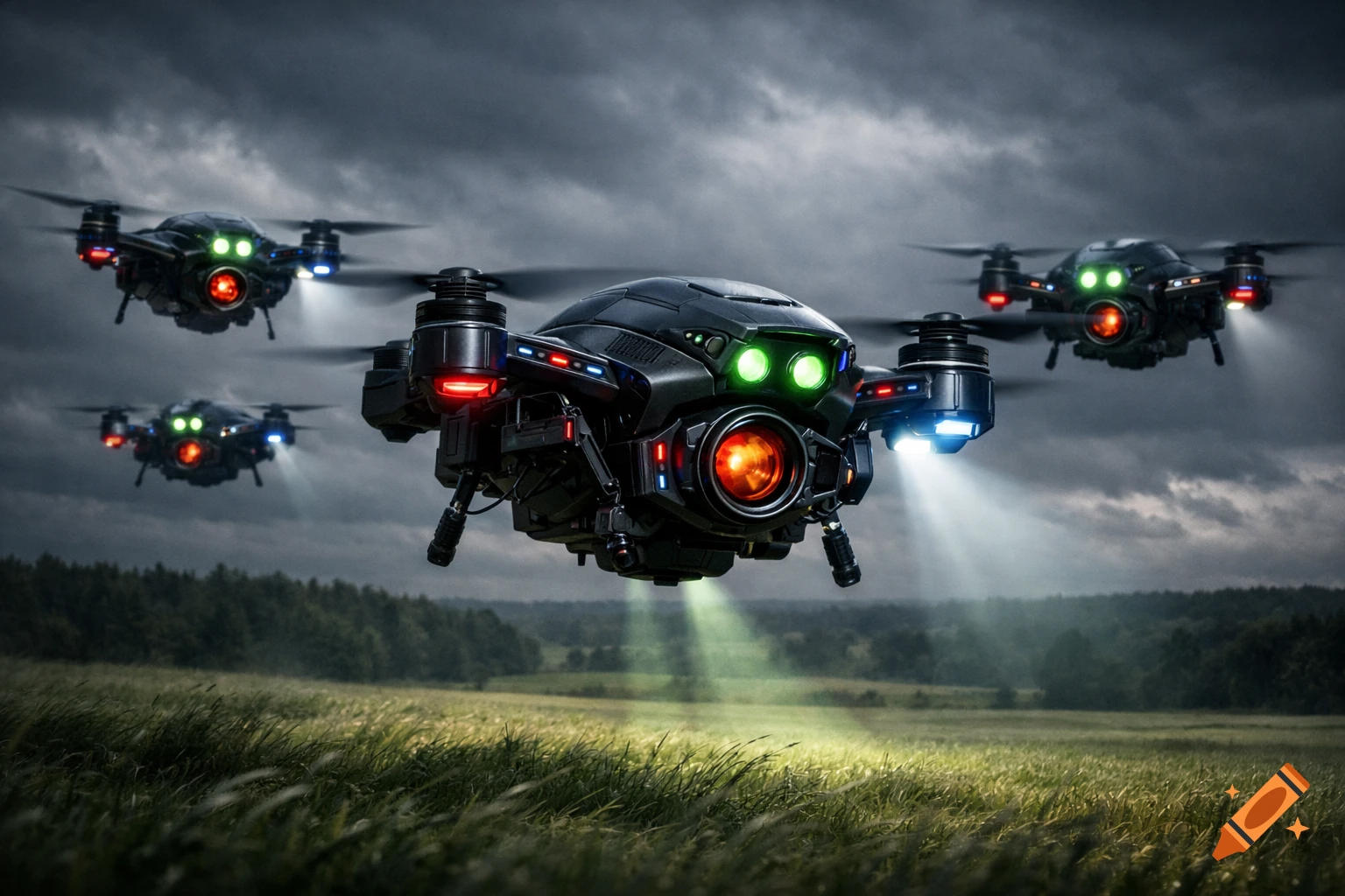 Multiple photorealistic black drones with glowing red and green lights fly low over a grassy field under a dark, stormy sky.