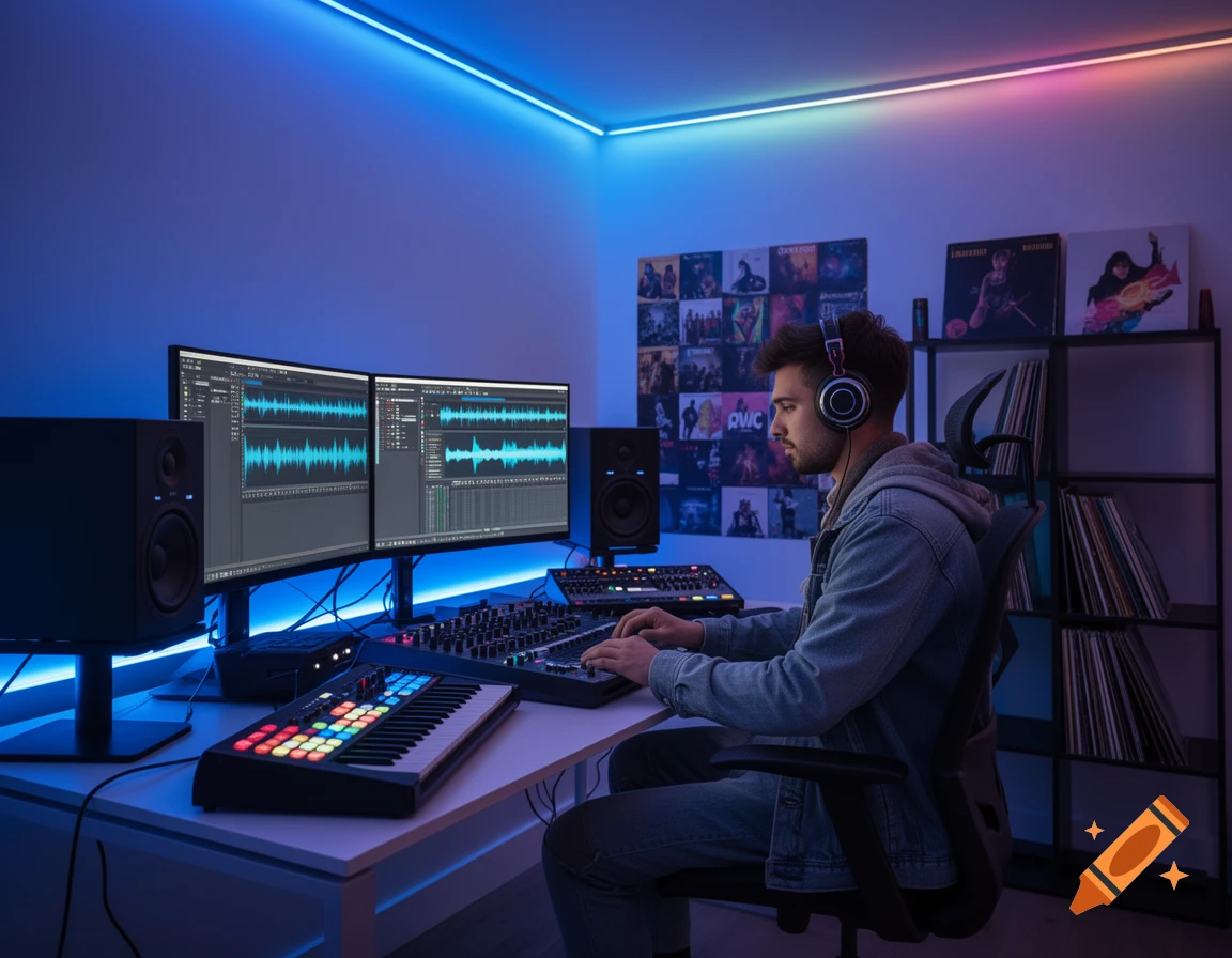 A man wearing headphones works on electronic music in a home studio with dual monitors, a MIDI keyboard, and a mixing console, lit by blue and pink LED strips.